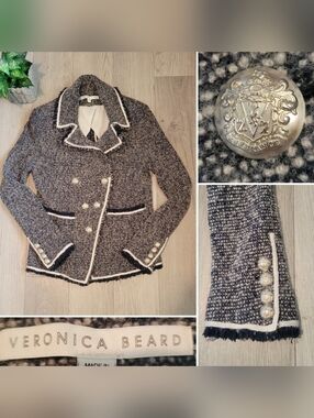 Veronica Beard Carroll Portrait Neckline Navy White Wool Blend Fringe Blazer, 12